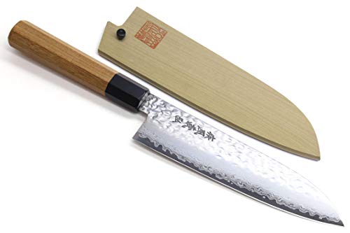 Yoshihiro VG-10 46 Layers Hammered Damascus Santoku Japanese Multipurpose Chef Knife (Ambrosia Handle)