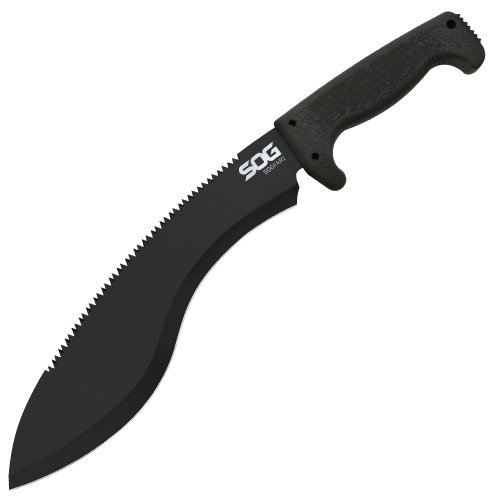 SOG SOGfari Kukri Machete MC11-N - Hardcased Black 12'' Blade w/ Saw Back, Rubber Handle, Nylon Sheath, black