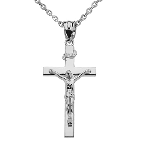 Fine 925 Sterling Silver Linear Cross INRI Crucifix Pendant Necklace (20')