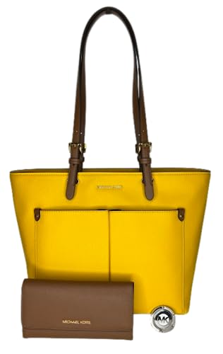 Michael Kors Jet Set Travel MD Double Pocket Tote bundled with Large Trifold Wallet and Purse Hook (Jasmin Yellow Multi/Luggage)