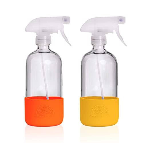 SAVVY PLANET Empty Clear Glass Spray Bottles with Silicone Sleeve Protection - Refillable 16 oz Containers for Cleaning Solutions, Essential Oils - Quality Sprayer - 2 Pack (Red & Yellow)