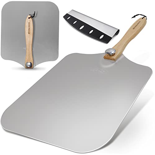 KITCHUS MOON Large Pizza Peel 16 inch - Extra Large Metal Pizza Peel with 14 inch Stainless Steel Pizza Cutter Rocker, Pizza Spatula Paddle, Pizza Paddle with Folding Handle
