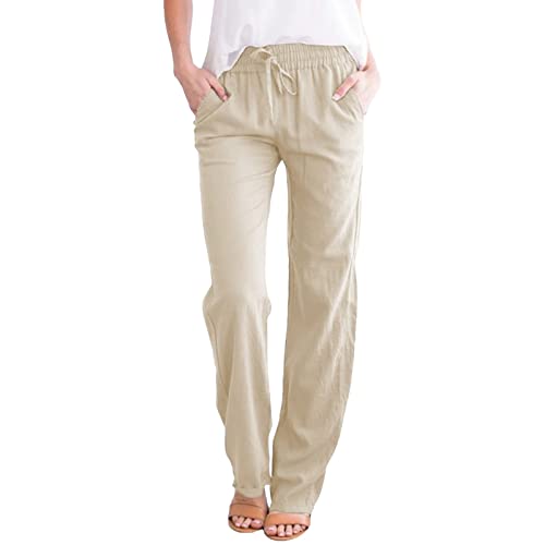 Women Summer Pants,Prime Today'S Deals,Womens Casual Cotton Linen Pants Summer Relax Fit Elastic Waist Straight Leg Plus Size Solid Lounge Long Trousers 4-Beige X-Large