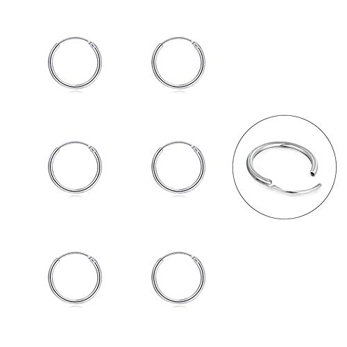 Silver Hoop Earrings- Cartilage Endless Small Hoop Earrings Set for Women Men Girls, 3 Pairs of Hypoallergenic 925 Sterling Silver Tragus Earrings Nose Lip Rings (3 Pairs(8mm*3))