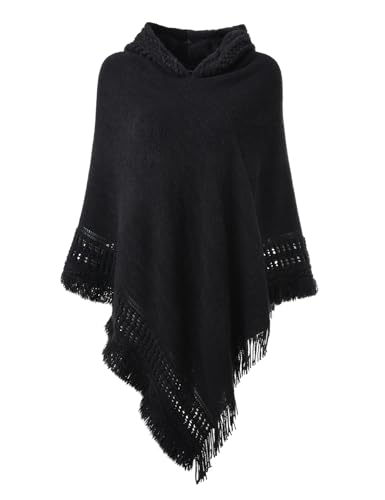 Ferand Ladies' Hooded Cape with Fringed Hem, Crochet Poncho Knitting Patterns for Women, Black