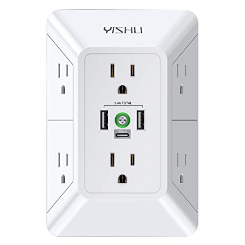 Multi Plug Outlet Surge Protector - YISHU 3 Sided Power Strip with 6 AC Outlet Extender and 3 USB Ports (1 USB C), Adapter Spaced Outlet Splitter, ETL Listed, White
