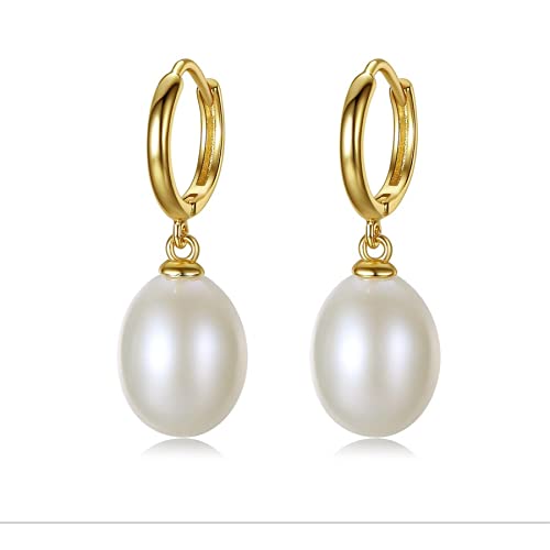 Peiyo S925 Sterling Silver 14K Gold Hoop Pearl Earrings 9-10mm Pearl Dangle, Approximately 3.93g Weight