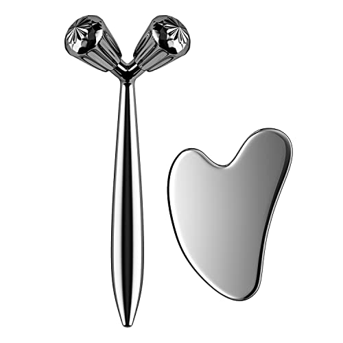 Face Massager Roller Metal Face Roller 3D Facial Roller and Gua Sha Massage Tool Kit Cooling Beauty Skin Roller for Face, Eye, Neck, Body Skin Care Tools Gift Sets for Women