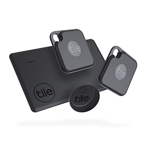 Tile Pro Essentials (2020) 4-pack (2 Black Pros, 1 Slim, 1 Sticker) - High Performance Bluetooth Trackers & Item Locators for Keys, Luggage, Wallets and Remotes; Easily Find All Your Things