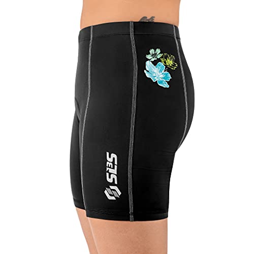 SLS3 Triathlon Shorts Women - FRT Tri Shorts Women Triathalon Shorts - Slim Athletic Fit Womens Tri Shorts, Padded (Black/Martinica Hibiscus Blooms, XS)