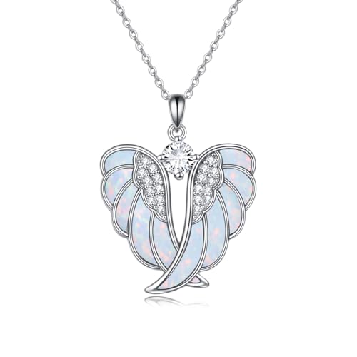 YFN Angel Wings Necklace Sterling Silver White Opal Guardian Angel Wings Pendant Necklace For Women Girls Jewelry
