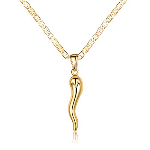 Barzel 18K Gold Plated Flat Marina Chain With Italian Horn Necklace Cornicello - Made In Brazil (18 Inches)