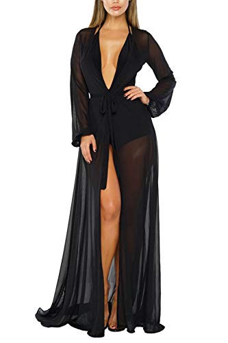 Pink Queen Women's Long Sleeve Flowy Maxi Bathing Suit Swimsuit Tie Front Robe Cover Up Black L