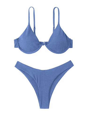 Verdusa Women's 2 Piece Triangle Bikini High Cut Bathing Suit Swimsuit Blue M
