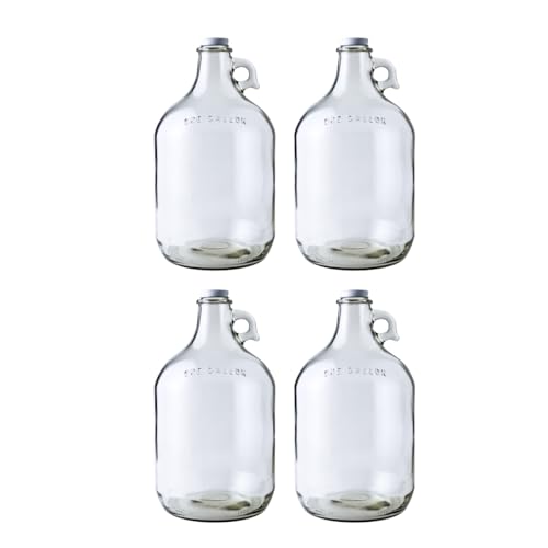 FastRack 128oz Growler (Pack of 4) with White Metal Caps, 1 Gallon Glass Beer Growler, Gallon Glass Jug, Clear Growlers for Beer