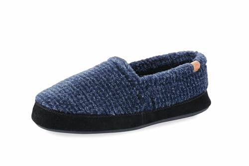 Acorn Men's Moc Slippers with Memory Foam Insole Suede Sidewall and Rubber Outsole, Blue Check, 9-10