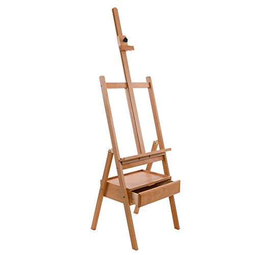 U.S. Art Supply Large Wooden H-Frame Studio Easel with Artist Storage Drawer and Shelf - Mast Adjustable to 75' High, Sturdy Beechwood Canvas Holder Stand - Organized Painting, Drawing Sketching