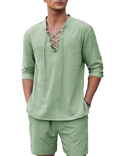 COOFANDY Mens 2 Piece Linen Short Set Beach Outfit Matching Shirt And Short Set Pirate Lace Up Ghillie Jacobite Shirt