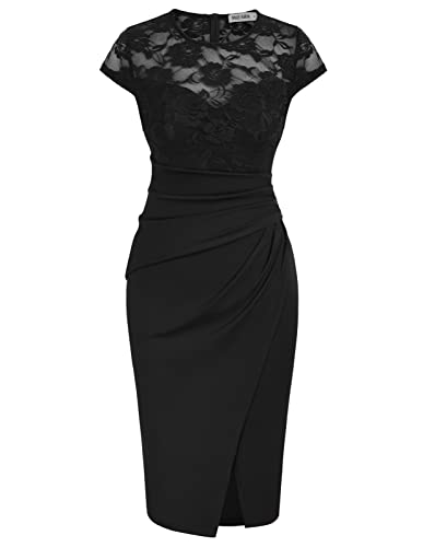 Women's Vintage Floral Lace Half Sleeve Crewneck Neck Formal Swing Dress BlackXL