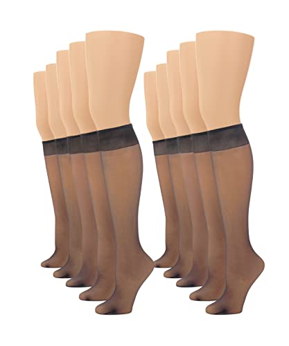 No nonsense Women's Sheer Knee High Value Pack with Comfort Top, Off Black - 10 Pair Pack, Regular