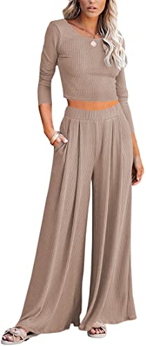 Lveberw Lounge Set Womens, Outfits Sets, Ribbed Crop Top Long Sleeve, Palazzo Pants - Loose Sweatsuit Knit,2 Piece Pajamas(Khaki, Medium)