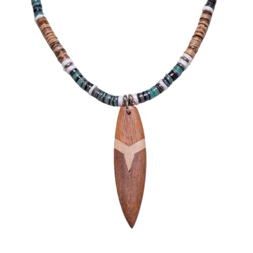 BlueRica Wood Surfboard on Tiger Coconut Beads & Green Shell Beads Necklace