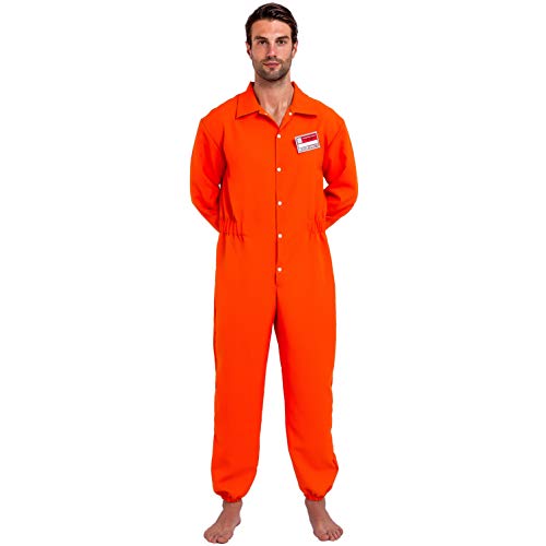 Spooktacular Creations Prisoner Jumpsuit Orange Prison Escaped Inmate Jailbird Coverall Costume with Name Tag (Medium)