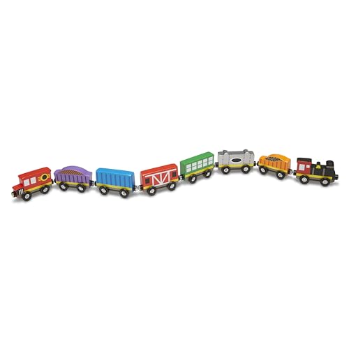Melissa & Doug Wooden Train Cars (8 pcs) - Magnetic Train, Wooden Train Toys, Train Sets For Toddlers And Kids Ages 3+