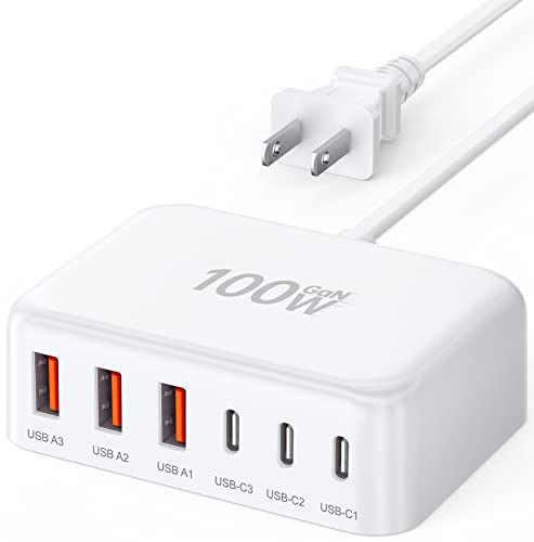 100W GaN 6 Port USB C Charging Station Hub Block Wall Charger Power Strip Adapter Plug Cube for iPad iPhone 15 14 13 12 11 Pro Max Pixel Note Galaxy