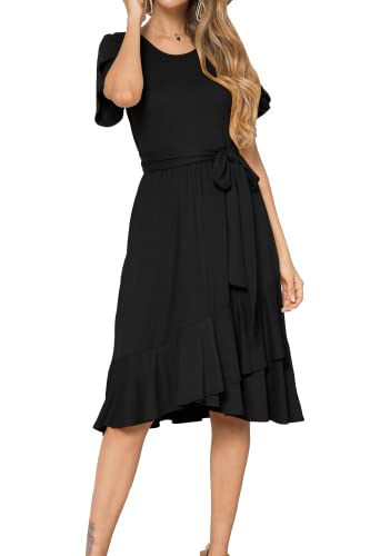 Women Plain Short Sleeve Swing Midi Work Casual Belt Dress Black M