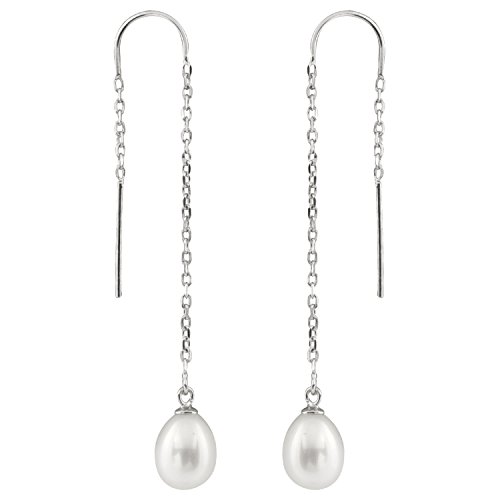 Handpicked AA Quality Cultured Freshwater 8mm Pearls Threader Earrings 925 Sterling Silver Dangle Drop Style (White)