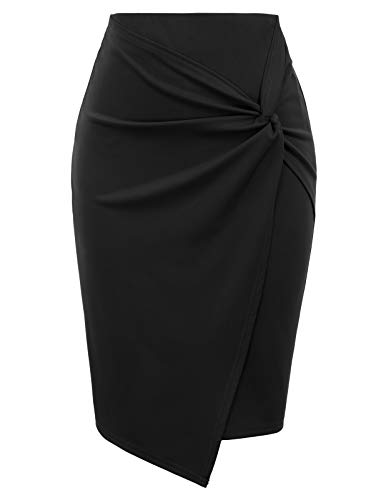 Kate Kasin Women's Solid Color Ruched Stretchy Hips-Wrapped Bodycon Pencil Skirt for Work Black, Large