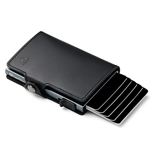 Men's Card Holder Wallet - RFID Blocking Credit Card Wallet with Minimalist Design, Front Pocket Wallet with One Click Access Pop Up Credit Card Holders (Genuine Black Leather & Titanium)