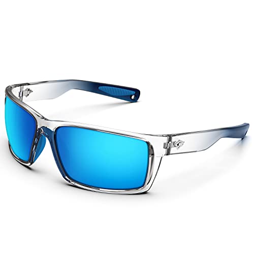 TOREGE Sports Polarized Sunglasses for Men Women Flexible Frame Cycling Running Driving Fishing Mountaineering Trekking Glasses TR24 (Transparent Deep Blue Gradient&Blue &Ice Blue Revo Lens)