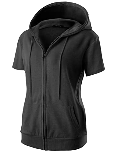 GIVON Womens Slim Fit Zip Up Hoodie with Pockets Short Sleeve Full Zip Hooded Sweatshirt / DCF256-BLACK-3XL