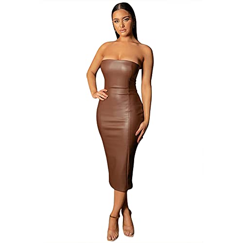 XLLAIS Women Strapless Tube Leather Midi Dress Sexy Long Bodycon Party Dress Brown Medium