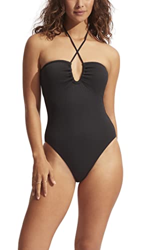 Seafolly Women's Bandeau Halter One Piece Swimsuit, Sea Dive Black, 6