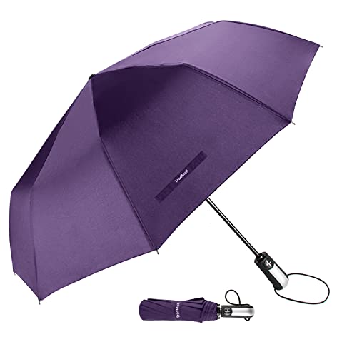 TradMall Travel Umbrella Windproof with 46 Inches Large Canopy 10 Reinforced Fiberglass Ribs Ergonomic Handle Auto Open & Close, Purple