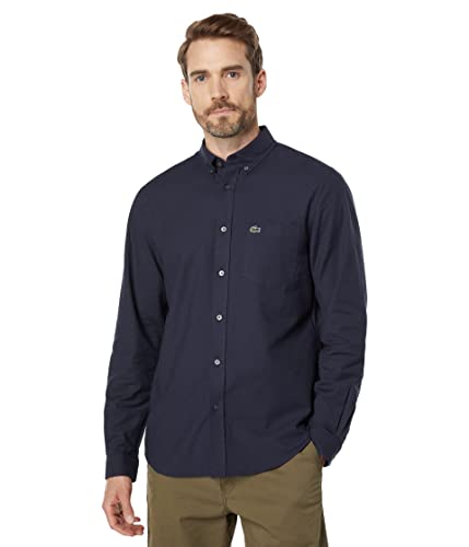 Lacoste mens Lacoste Long Sleeve Button-up Oxford Button Down Shirt, Navy Blue/Navy Blue, Large US