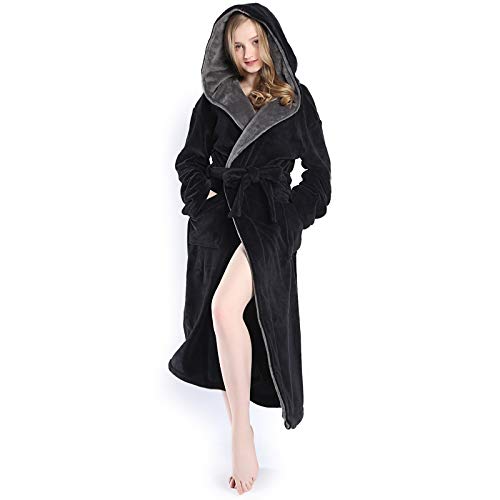 KEMUSI Hooded Black Herringbone Women's Soft Spa Long Kimono Bathrobe,Comfy Full Length Warm Nightdress L