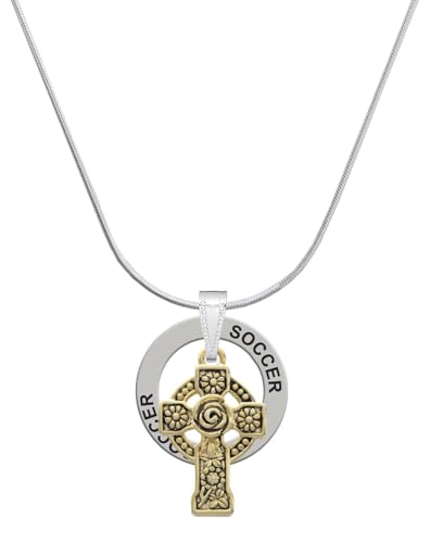 Delight Jewelry Goldtone Large Celtic Cross - Soccer Ring Charm Necklace, 18'