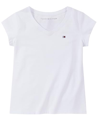 Tommy Hilfiger Girls' Short Sleeve Solid V-Neck T-Shirt, White Signature, 12-14