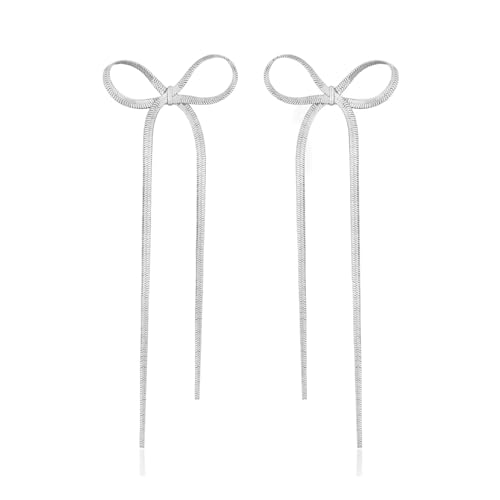 Bow Pendant - Tassel Earrings, Ladies Girls Statement Ribbon Tassel Waterfall Pendant Wedding Ball Fashion Jewelry Gifts Fashion Sweet long earrings (Silver)