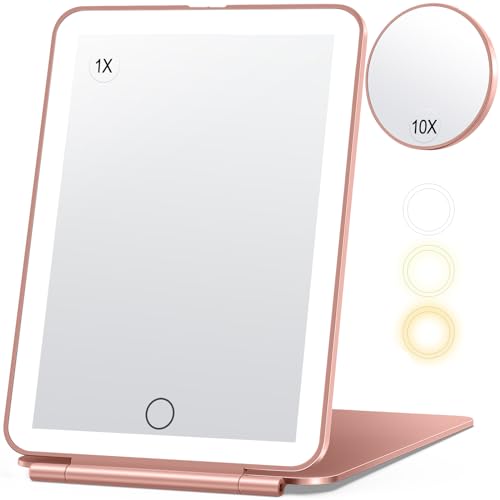 Travel Makeup Mirror with 10X Magnifying Mirror, Vanity Mirror with 80LEDs, 3 Color Lighting, Rechargeable 2000mAh Batteries, Portable Ultra Slim Lighted Makeup Mirror, Gift for Women (Rose Gold)