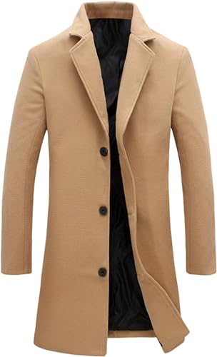 Springrain Men's Wool Blend Pea Coat Notched Collar Single Breasted Overcoat Warm Winter Trench Coat(Khaki-L)