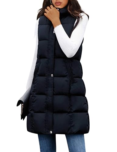 Tanming Women's Long Puffer Vest Cotton Sleeveless Puffy Jacket with Removable Hood (Black-L)