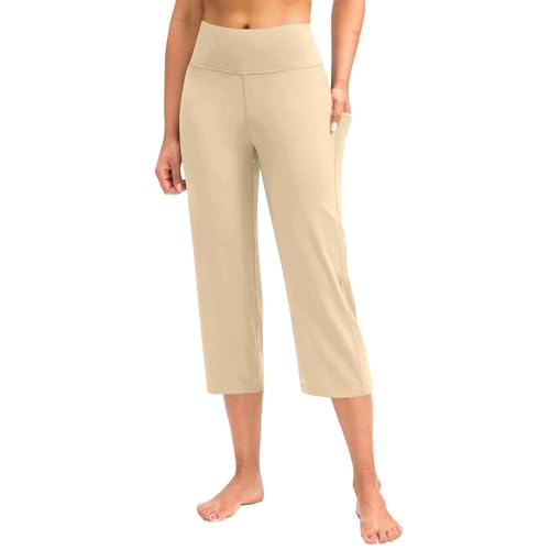 Generic My Orders prime deals clearance Capri Pants for Women Tummy Control Yoga Pants Summer Straight Leg High Waist Plus Size Comfy Cropped Trousers with Pocket Khaki X-Large