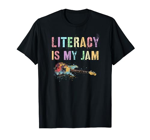Vintage LITERACY IS MY JAM Teacher Library Rockstar Reading T-Shirt