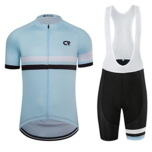 Coconut Ropamo CR Men's Cycling Jersey Set Zipper Pocket Cycling Kits Bib Shorts 3D Padded (Light Blue, L)