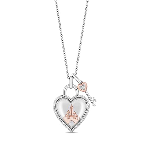 Jewelili Enchanted Disney Fine Jewelry Disney 100 Years Celebration Sterling Silver and 10K Rose Gold with 1/6 CTTW Diamond and White Quartz Heart and Key Pendant Necklace